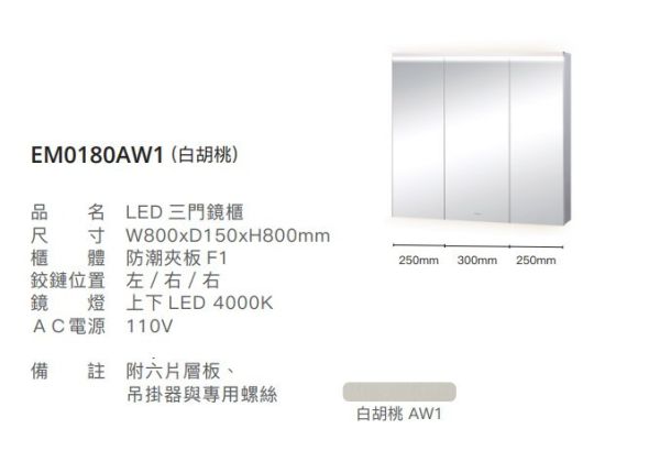 凱撒 LED三門鏡櫃-80CM EM0180A/EM0180ATG/EM0180AW1/EM0180AW5 