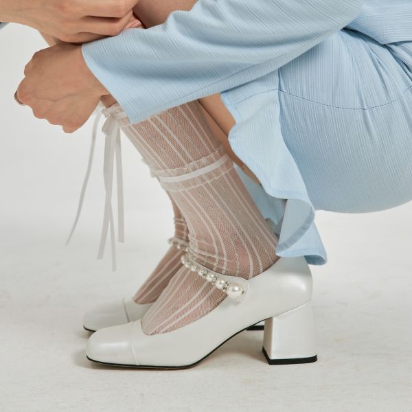 學院風打底-珍珠鏈瑪莉珍鞋-光澤白 小白鞋,餅乾鞋,厚底鞋,休閒鞋,鬆餅鞋,真皮鞋,送客神器,情侶鞋,球鞋,厚底球鞋,樂福鞋,瑪莉珍鞋