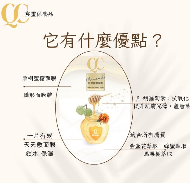 栗樹蜜糖面膜8入 金盞花萃取：緩解泛紅肌膚；

蜂蜜萃取：滋潤

馬栗樹萃取：增強肌膚彈性。

透明質酸鈉：深層保濕。

β-胡蘿蔔素：抗氧化,提升肌膚光澤。

蘆薈葉汁：舒緩和保濕。
