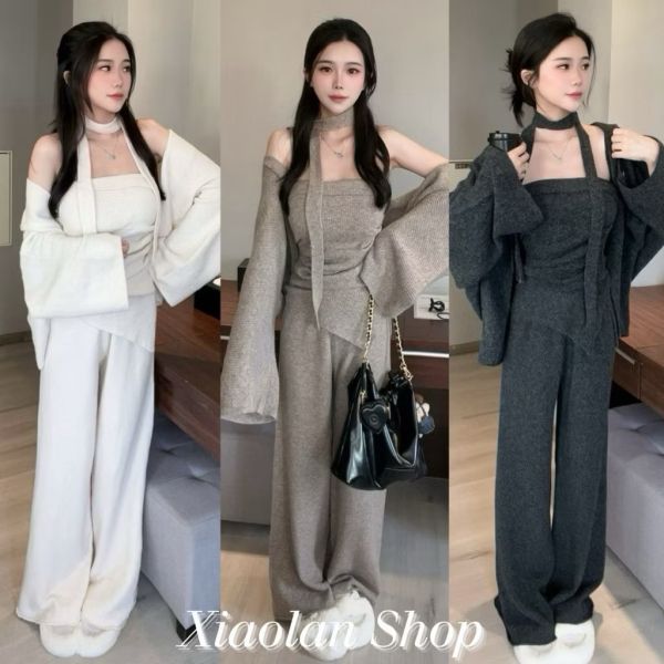 #6324韓系必備單品 誰穿誰氣質 高質感不規則抓皺背心+落地寬褲+外罩+繞脖繩 冬季、套裝、三件套