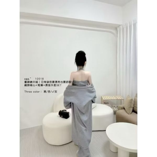 #3922重磅棉羊絨｜日常穿搭繞脖背心+寬褲+長版外套Set 冬季、套裝、三件套、軟糯、羊絨、長版外