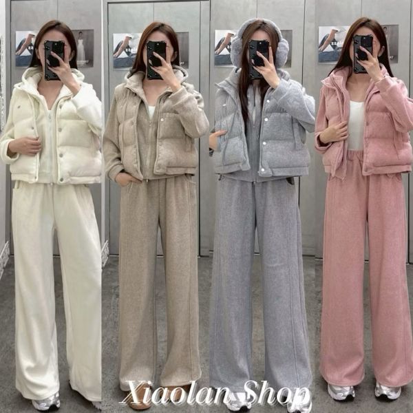 XL Shop #8055爆款三件套 磨毛連帽外套+磨毛寬褲+鋪棉麵包小標背心 冬季、套裝、三件套、麵包背心、內刷毛、寬褲