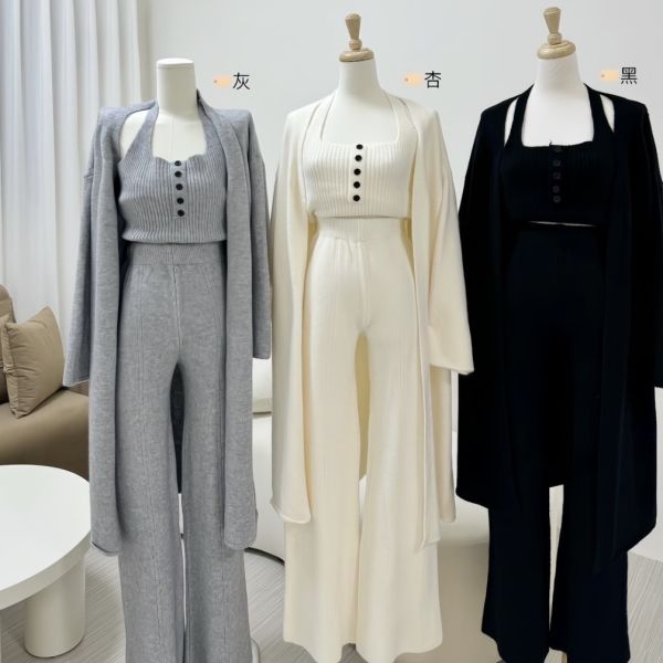 #3922重磅棉羊絨｜日常穿搭繞脖背心+寬褲+長版外套Set 冬季、套裝、三件套、軟糯、羊絨、長版外