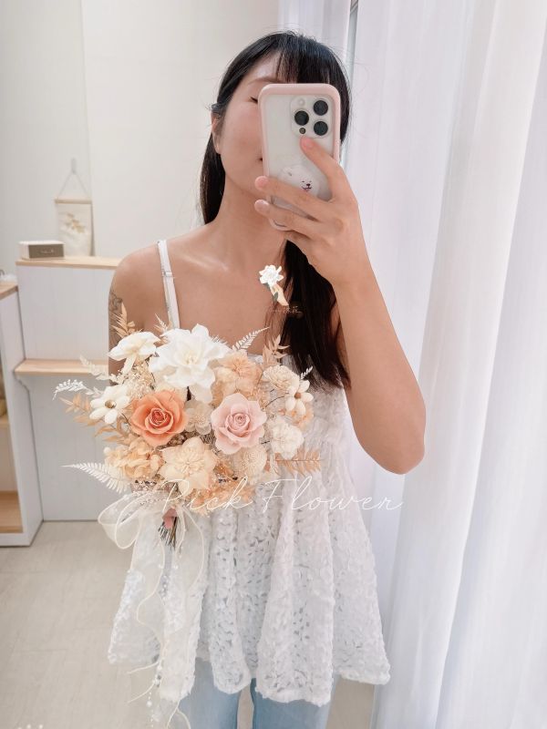 橘杏暖陽 永生梔子花與永生玫瑰 自然層次登記捧花 24-28CM 