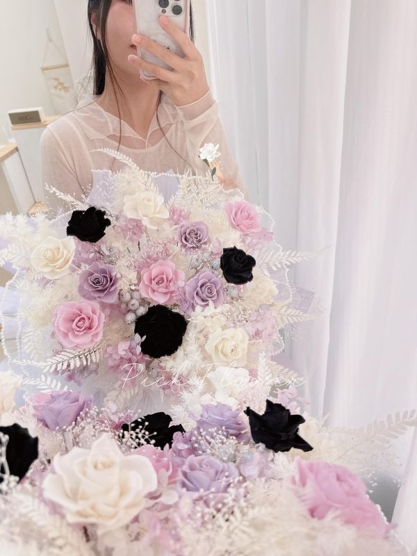 酷甜風格・黑粉紫永生玫瑰 求婚花束 