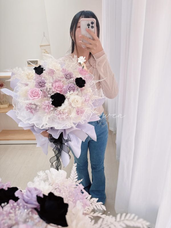 酷甜風格・黑粉紫永生玫瑰 求婚花束 