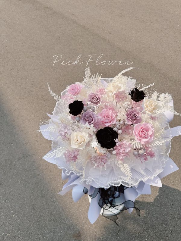 酷甜風格・黑粉紫永生玫瑰 求婚花束 