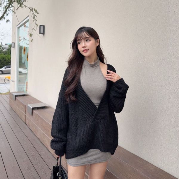 微醺夜晚 大V領落肩性感小女人毛衣套裝set (1colors) #ZC09 