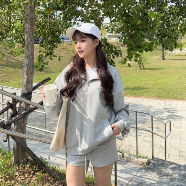 週末小步調 鬆弛感滿分拉鍊翻領舒適兩件Set (1colors) #ZB01 