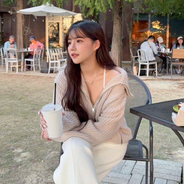 韓女輪廓 厚磅翻領拉鏈口袋毛衣 (2colors) #ZE05 