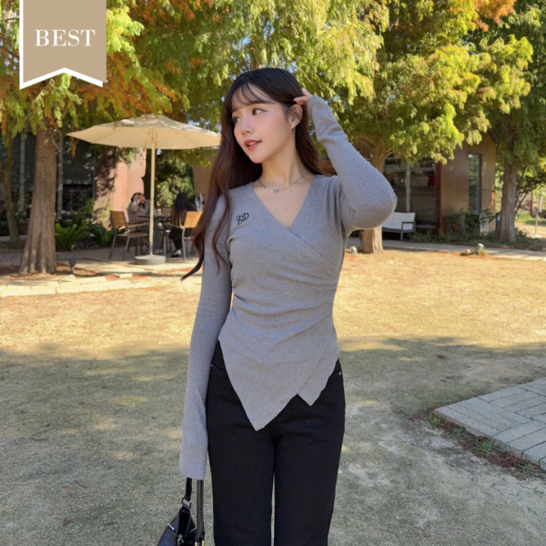 犯規邊界 純慾V領不規則磨毛收腰顯瘦上衣 (1colors) #ZF04 