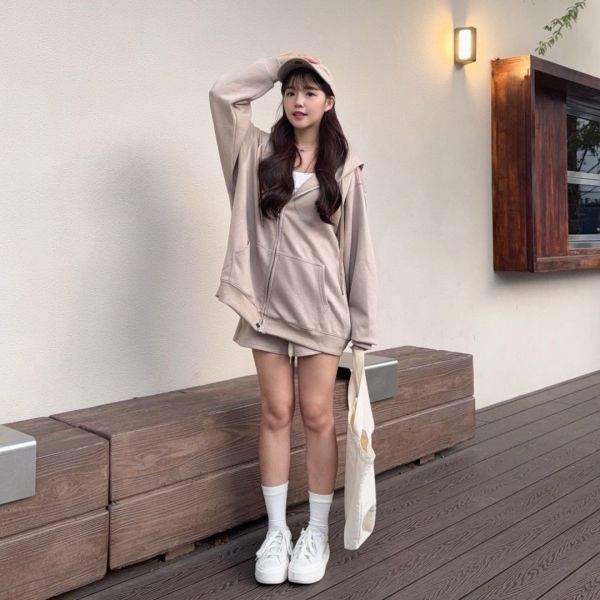 珍珠拿鐵 oversize懶人舒適連帽套裝set (1colors) #ZC07 
