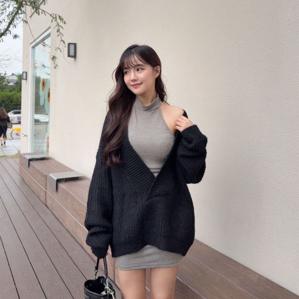 微醺夜晚 大V領落肩性感小女人毛衣套裝set (1colors) #ZC09 
