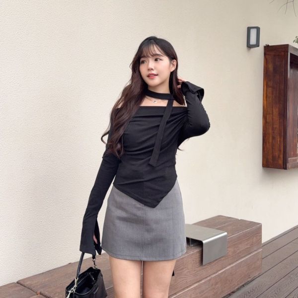 曖昧纏繞 小心機不規則繞脖一字領上衣 (3colors) #ZC06 