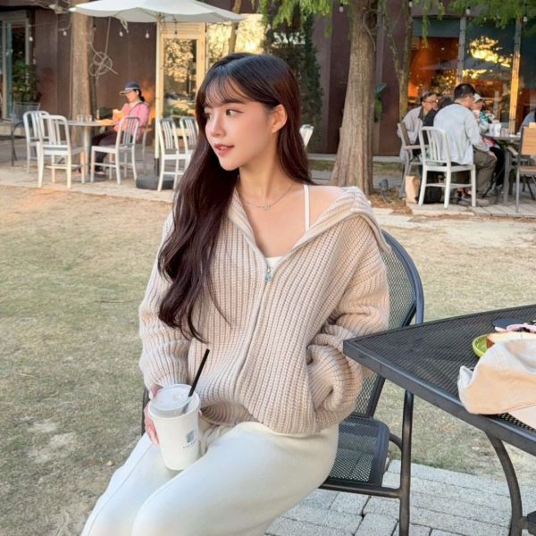 韓女輪廓 厚磅翻領拉鏈口袋毛衣 (2colors) #ZE05 