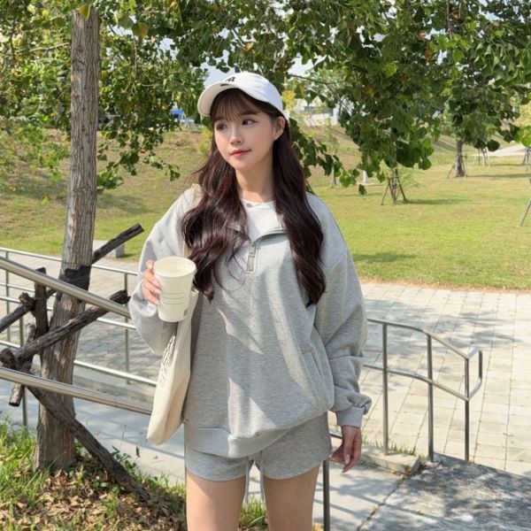 週末小步調 鬆弛感滿分拉鍊翻領舒適兩件Set (1colors) #ZB01 