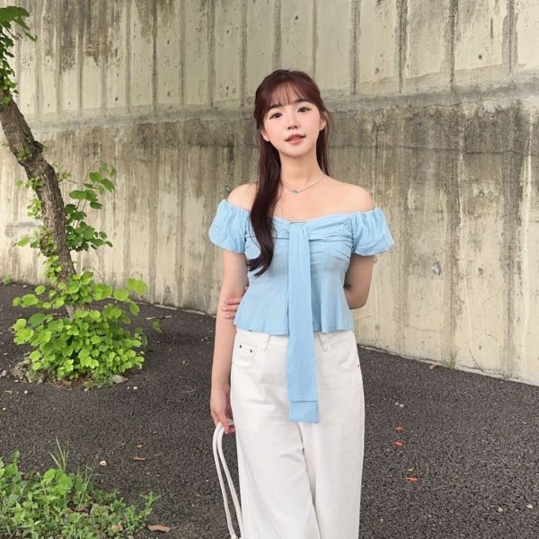 藍調夏戀 一字領綁帶泡泡袖收腰上衣 (1colors) #V10 