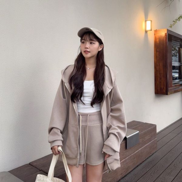 珍珠拿鐵 oversize懶人舒適連帽套裝set (1colors) #ZC07 
