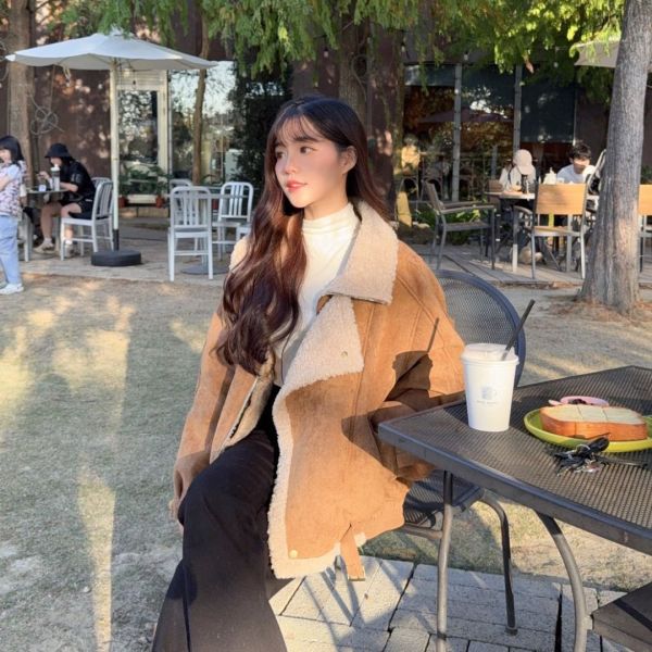 暖栗山丘 重工羊羔絨麂皮翻領外套 (1colors) #ZE04 