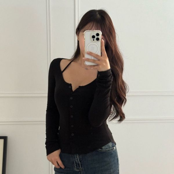 魅力吸引 心機掛脖綁帶排釦薄長袖上衣 (3colors) #ZB06 