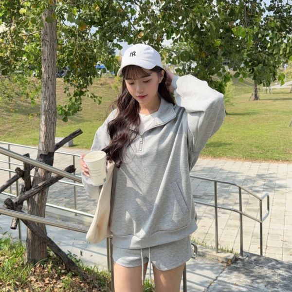 週末小步調 鬆弛感滿分拉鍊翻領舒適兩件Set (1colors) #ZB01 