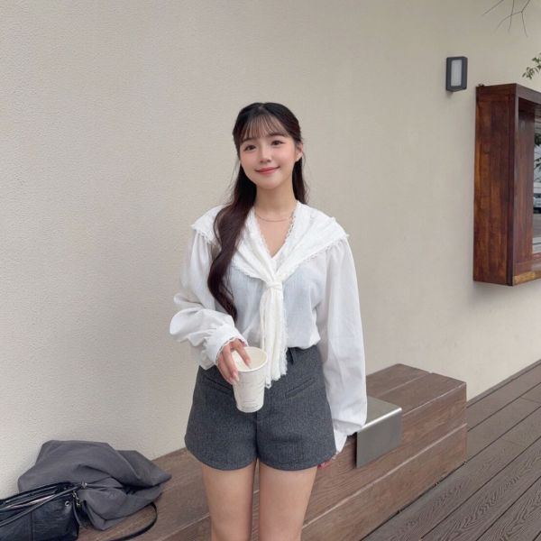 莫奈白光 法式甜美蕾絲領巾上衣 (1colors) #ZD04 