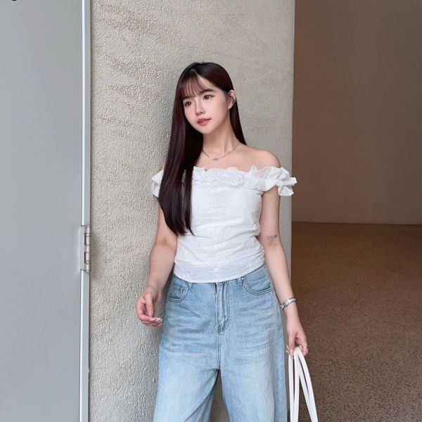 Sweet Gap 法式腰間抓皺木耳邊一字領上衣 (2colors) #Y10 