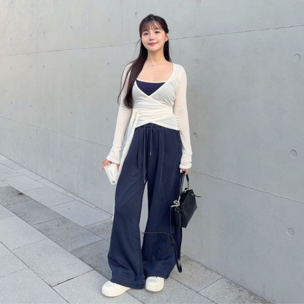 街頭散步 氣質綁帶罩衫收腰真兩件是set (2colors) #ZA10 