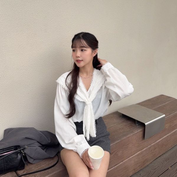 莫奈白光 法式甜美蕾絲領巾上衣 (1colors) #ZD04 