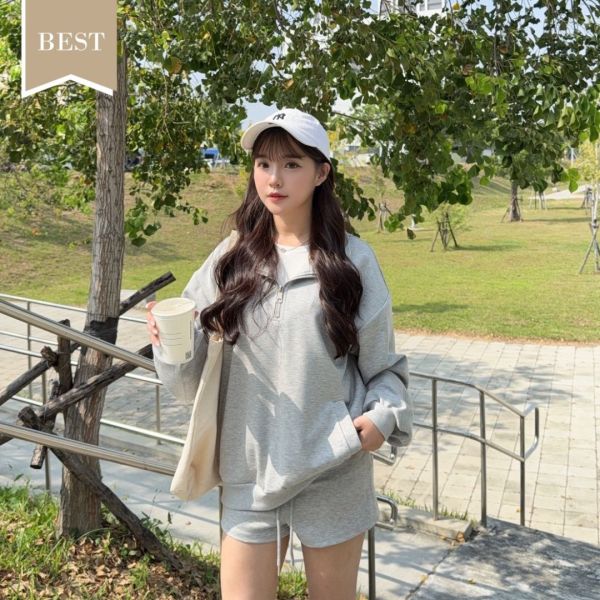 週末小步調 鬆弛感滿分拉鍊翻領舒適兩件Set (1colors) #ZB01 