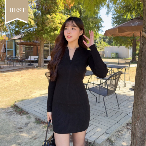 視線失守 包臀拉鏈針織連身短裙 (1colors) #ZF01 