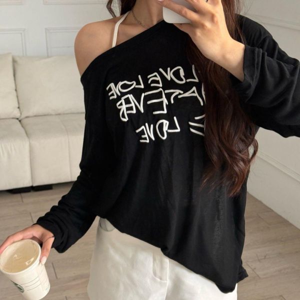 【現貨】盛夏訊號 英文印花柔軟防曬斜肩透膚Tee (3colors) #2628 