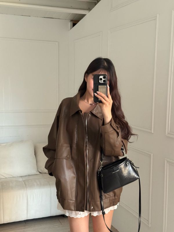 皮革手冊 百搭柔軟皮質翻領皮外套 (2colors) #ZE09 