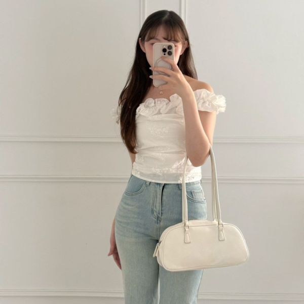 Sweet Gap 法式腰間抓皺木耳邊一字領上衣 (2colors) #Y10 