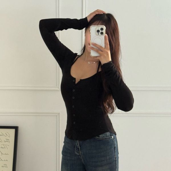 魅力吸引 心機掛脖綁帶排釦薄長袖上衣 (3colors) #ZB06 