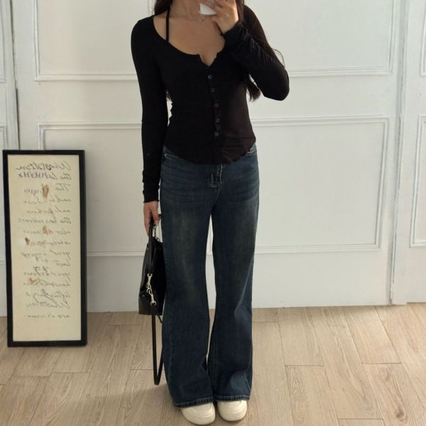 魅力吸引 心機掛脖綁帶排釦薄長袖上衣 (3colors) #ZB06 