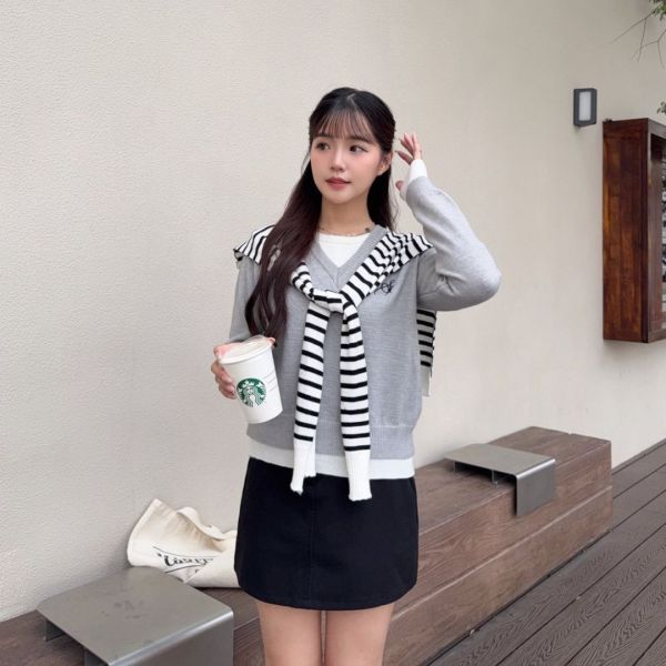 首爾學報 學院風百搭假兩件針織上衣 (2colors) #ZD03 