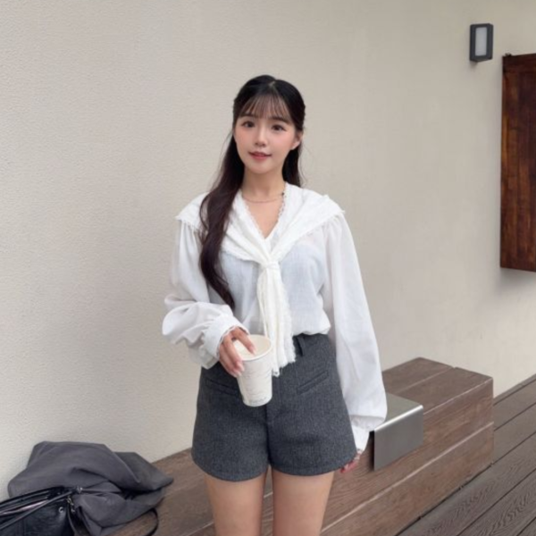 莫奈白光 法式甜美蕾絲領巾上衣 (1colors) #ZD04 
