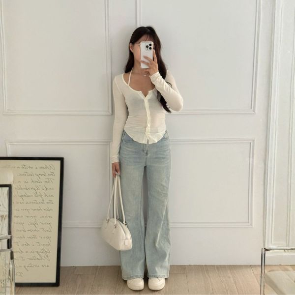 魅力吸引 心機掛脖綁帶排釦薄長袖上衣 (3colors) #ZB06 