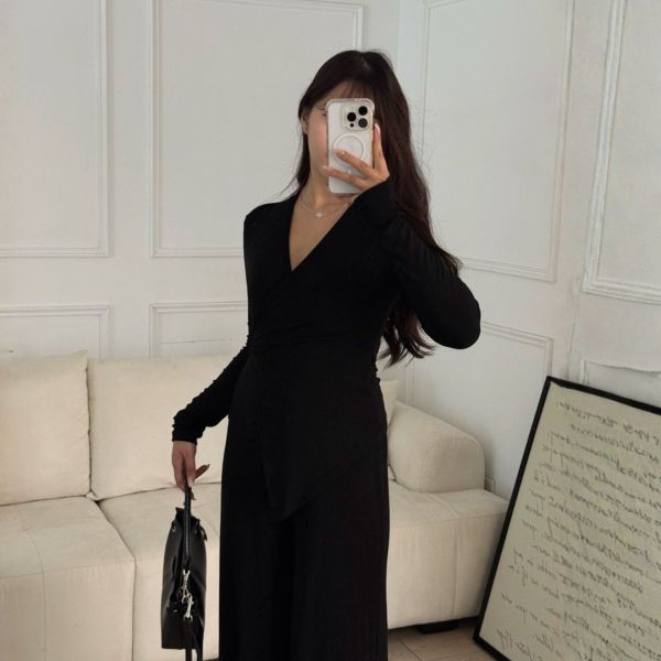 姐系日常 舒適滿分不規則V領兩件套Set (2colors) #ZB02 