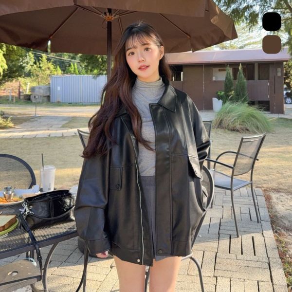 皮革手冊 百搭柔軟皮質翻領皮外套 (2colors) #ZE09 