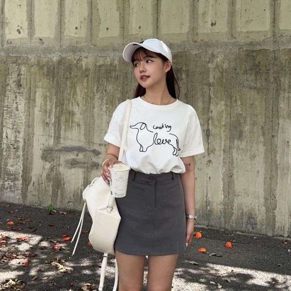 Looking Love 線條小狗刺繡棉質舒適Tee (2colors) #T07 