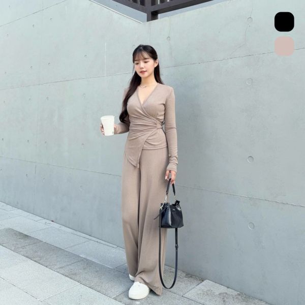 姐系日常 舒適滿分不規則V領兩件套Set (2colors) #ZB02 