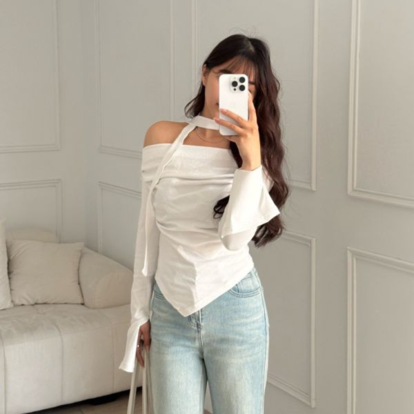 曖昧纏繞 小心機不規則繞脖一字領上衣 (3colors) #ZC06 