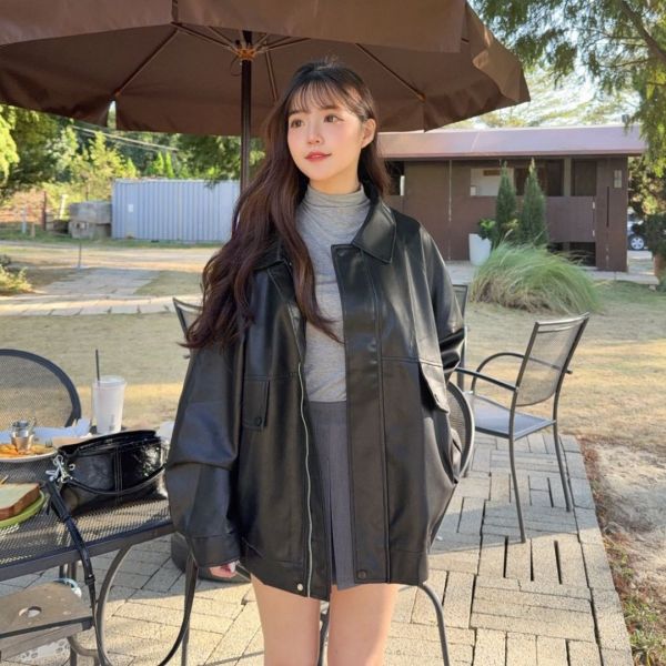 皮革手冊 百搭柔軟皮質翻領皮外套 (2colors) #ZE09 