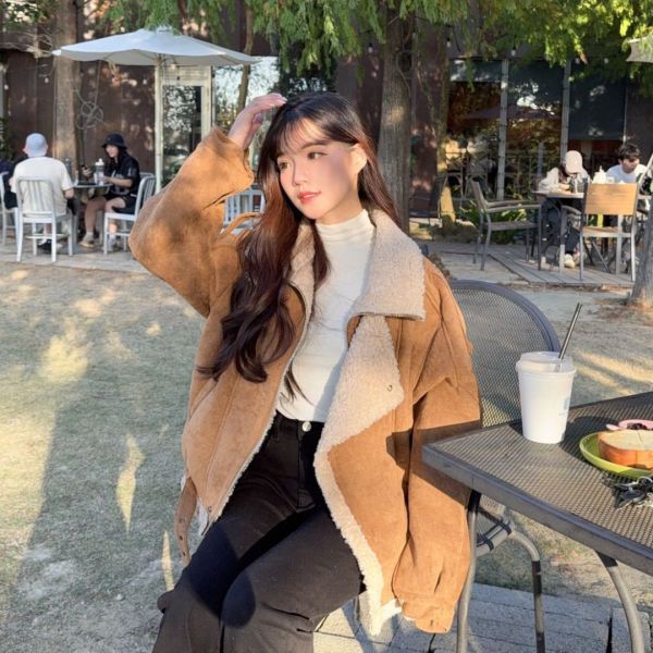 暖栗山丘 重工羊羔絨麂皮翻領外套 (1colors) #ZE04 