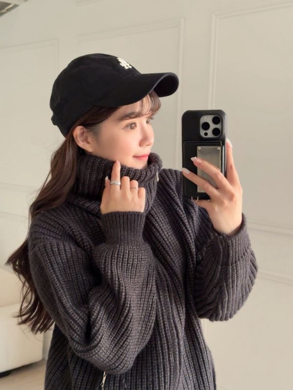 韓女輪廓 厚磅翻領拉鏈口袋毛衣 (2colors) #ZE05 