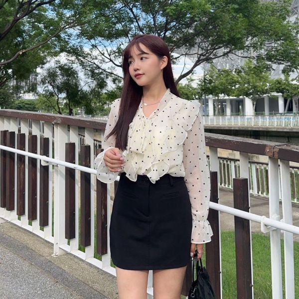 心動圓舞曲 法式復古愛心波點荷葉邊雪紡上衣 (1colors) #T09 