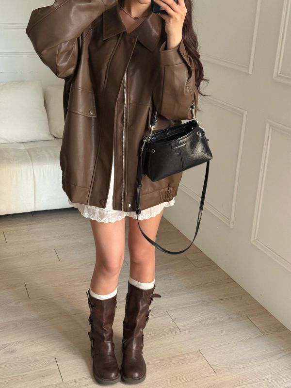 皮革手冊 百搭柔軟皮質翻領皮外套 (2colors) #ZE09 