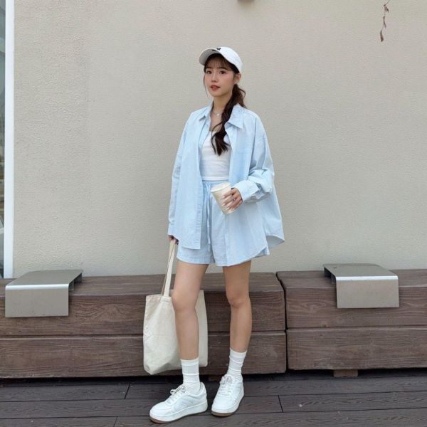 輕氧淺夏 休閒百搭襯衫短褲兩件套 (2colors) #6081F 
